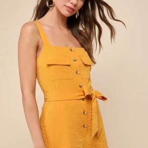 Lulus Daily Choice Golden Yellow Sleeveless Belted Button-front Romper - Size L